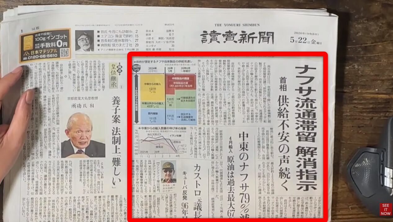 2026年5月22日付読売新聞。ナフサ流通滞留解消指示と題し、政府によるナフサ由来製品の供給見通しと、中東からの輸入減少に関する図表を掲載した記事。