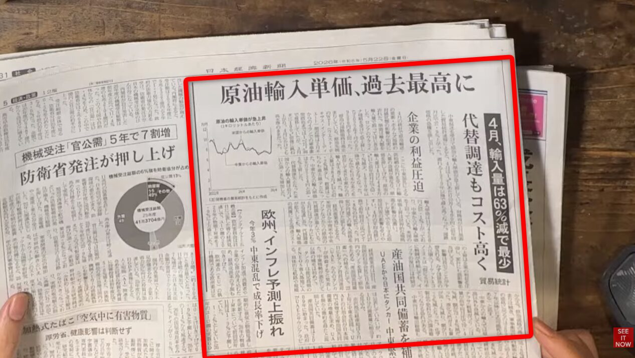 原油の輸入単価が過去最高となり、企業の利益圧迫や代替調達のコスト増を報じる日本経済新聞の記事。
