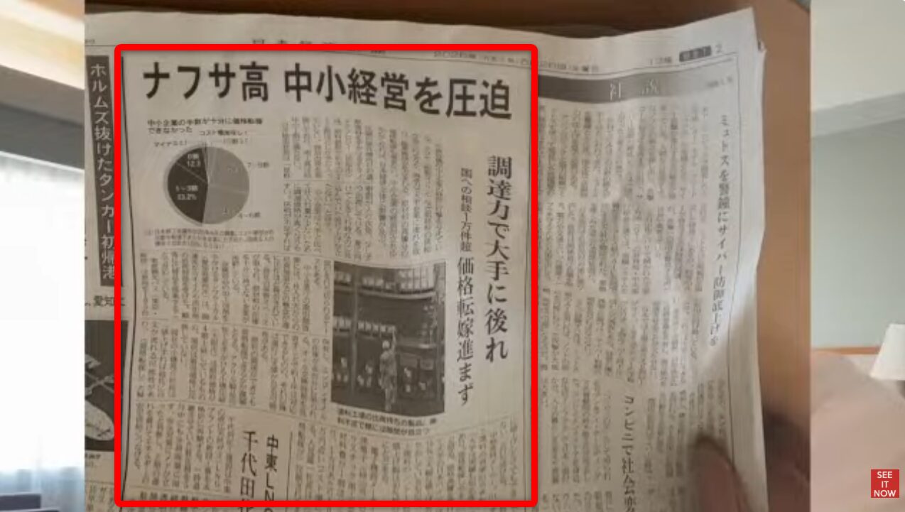 ナフサ高が中小企業の経営を圧迫している状況や、価格転嫁が進まない課題を報じる新聞記事の切り抜き。