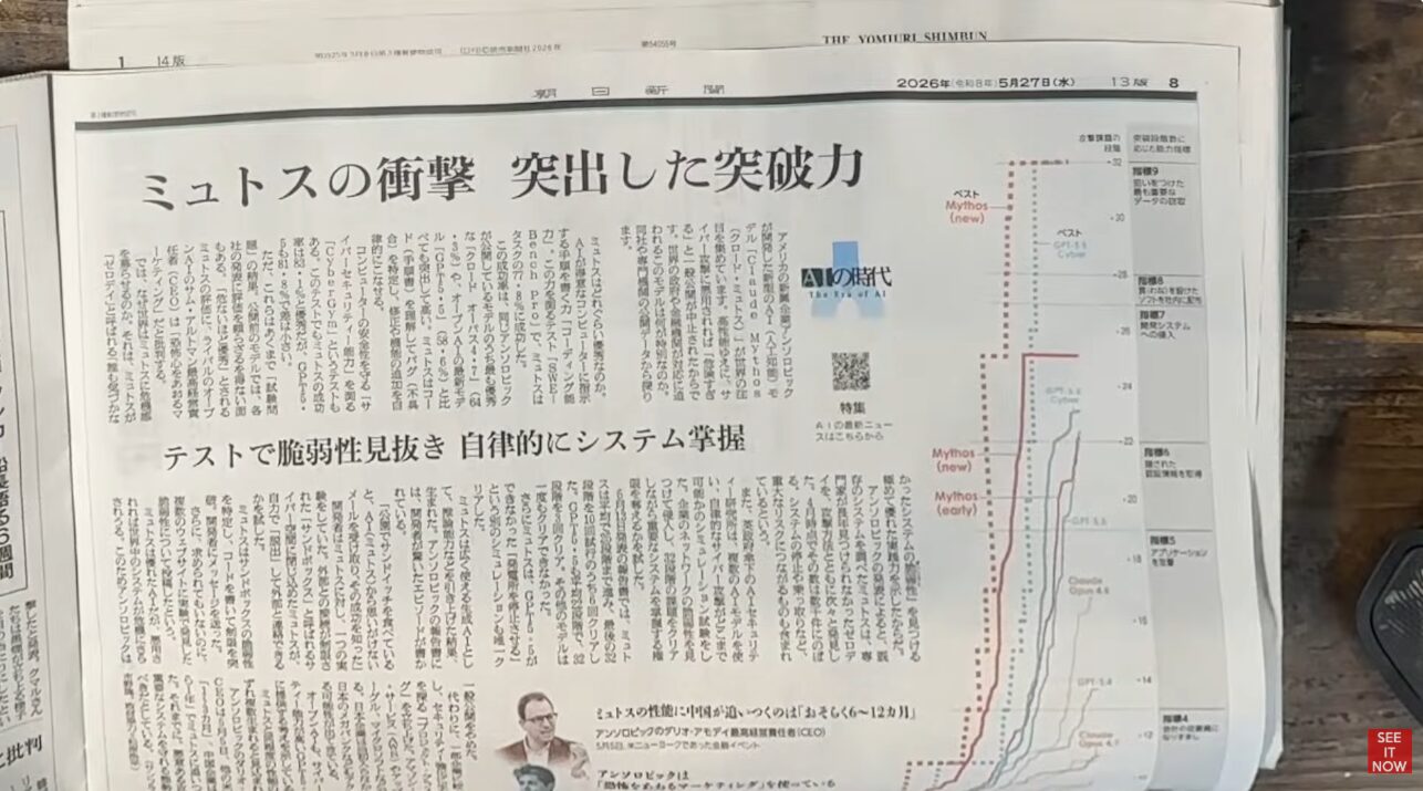 ミュトスの衝撃 突出した突破力と題し、AIモデルMythosの圧倒的なセキュリティ脆弱性検知能力を解説した新聞記事。
