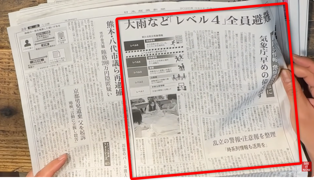 大雨などレベル4全員避難と大きく見出しが掲げられた新聞紙面。防災情報レベルの解説図や、自治体のワークショップの様子が掲載されている。