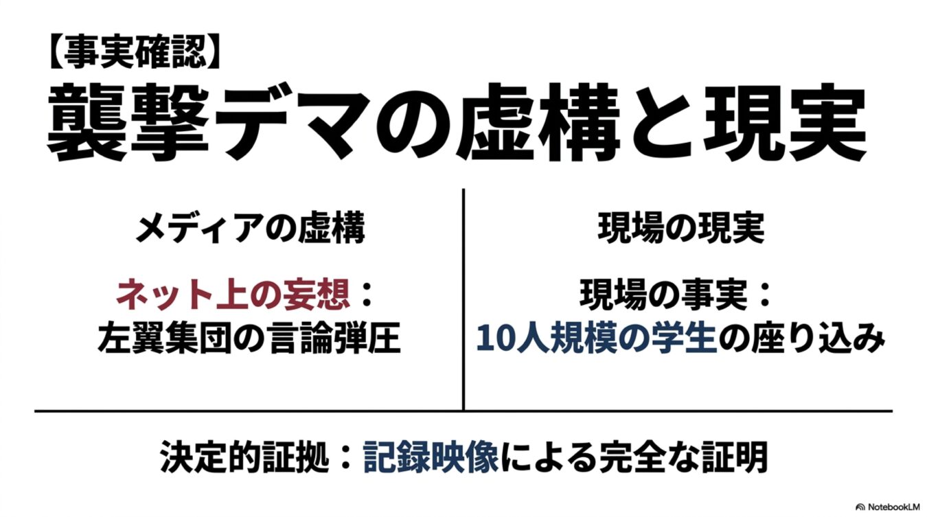 襲撃デマに関する事実確認の比較図。ネット上の左翼集団の言論弾圧という虚構に対し、現場は10人規模の学生の座り込みであったことを記録映像で証明している。