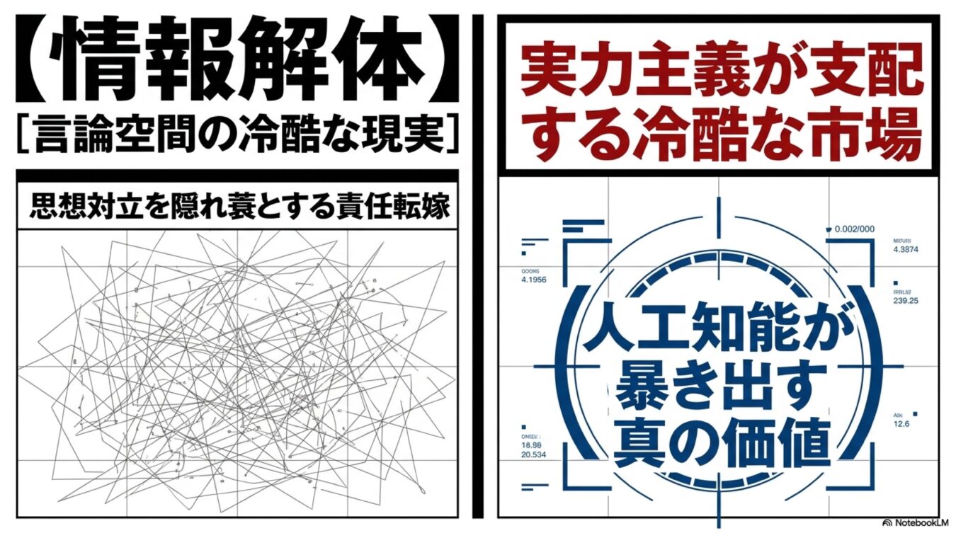 情報解体と題し、実力主義が支配する市場や言論空間の冷酷な現実、AIが暴き出す真の価値について解説する記事見出しの画像。