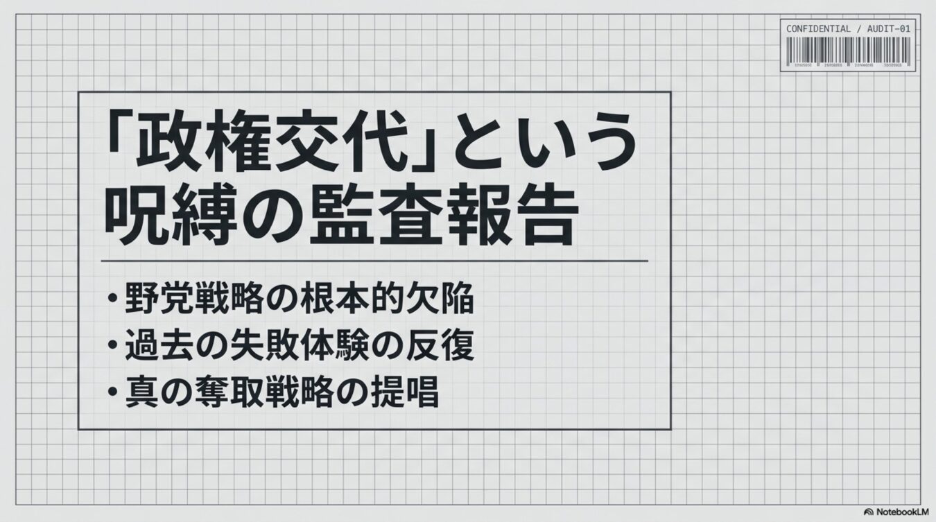 政権交代という呪縛の監査報告というタイトルで、野党戦略の欠陥や過去の失敗、奪取戦略の提言が記された文書。