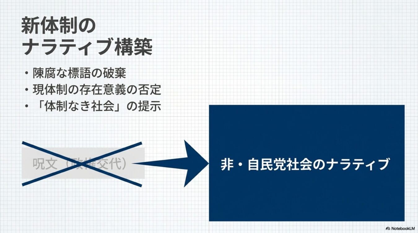 新体制のナラティヴ構築に向け、陳腐な標語の破棄と現体制の否定を経て、非・自民党社会という新たな視点を提示する図。