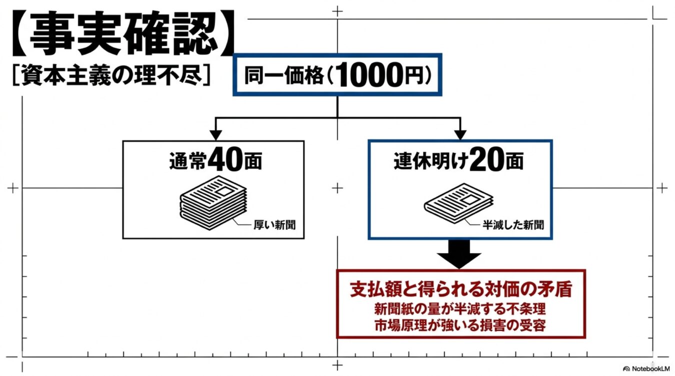 同一価格でも新聞のページ数が通常40面から連休明けに20面へ半減する現象を資本主義の不条理として図解したもの。