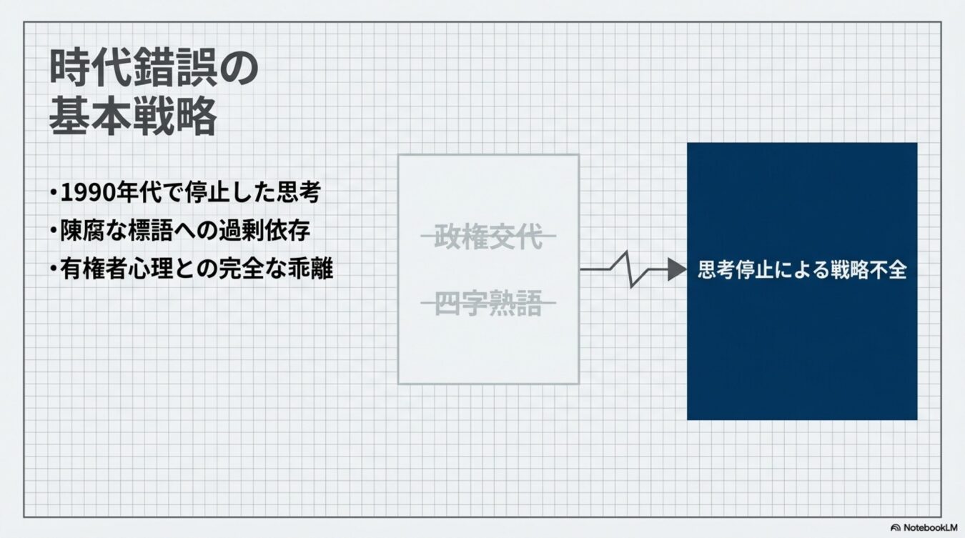 時代錯誤な基本戦略として、1990年代で停滞した思考や陳腐な標語への依存が、思考停止による戦略不全を招く構造を図解したもの。