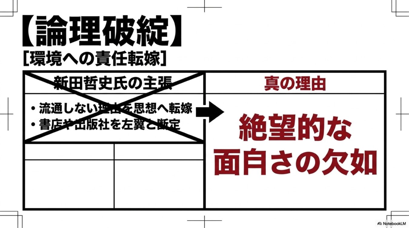 論理破綻と環境への責任転嫁と題し、新田哲史氏の主張を否定した上で、流通しない真の理由を絶望的な面白さの欠如と結論づける対比図。