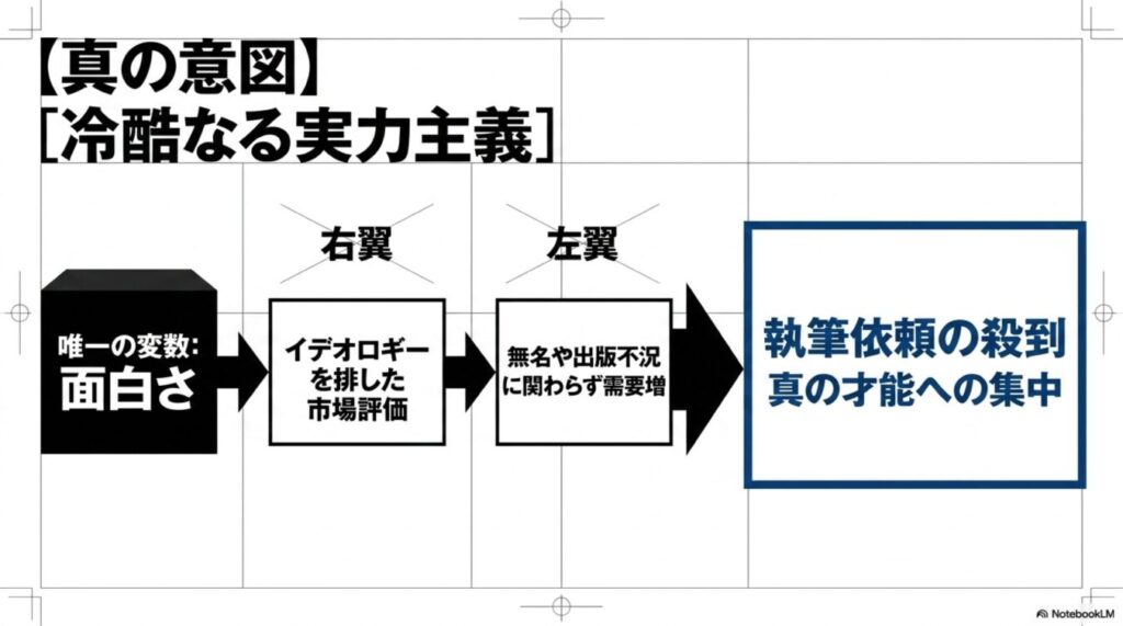 イデオロギーを排除し、面白さを唯一の変数として市場評価を行うことで、真の才能に執筆依頼が集中する実力主義の構造図。