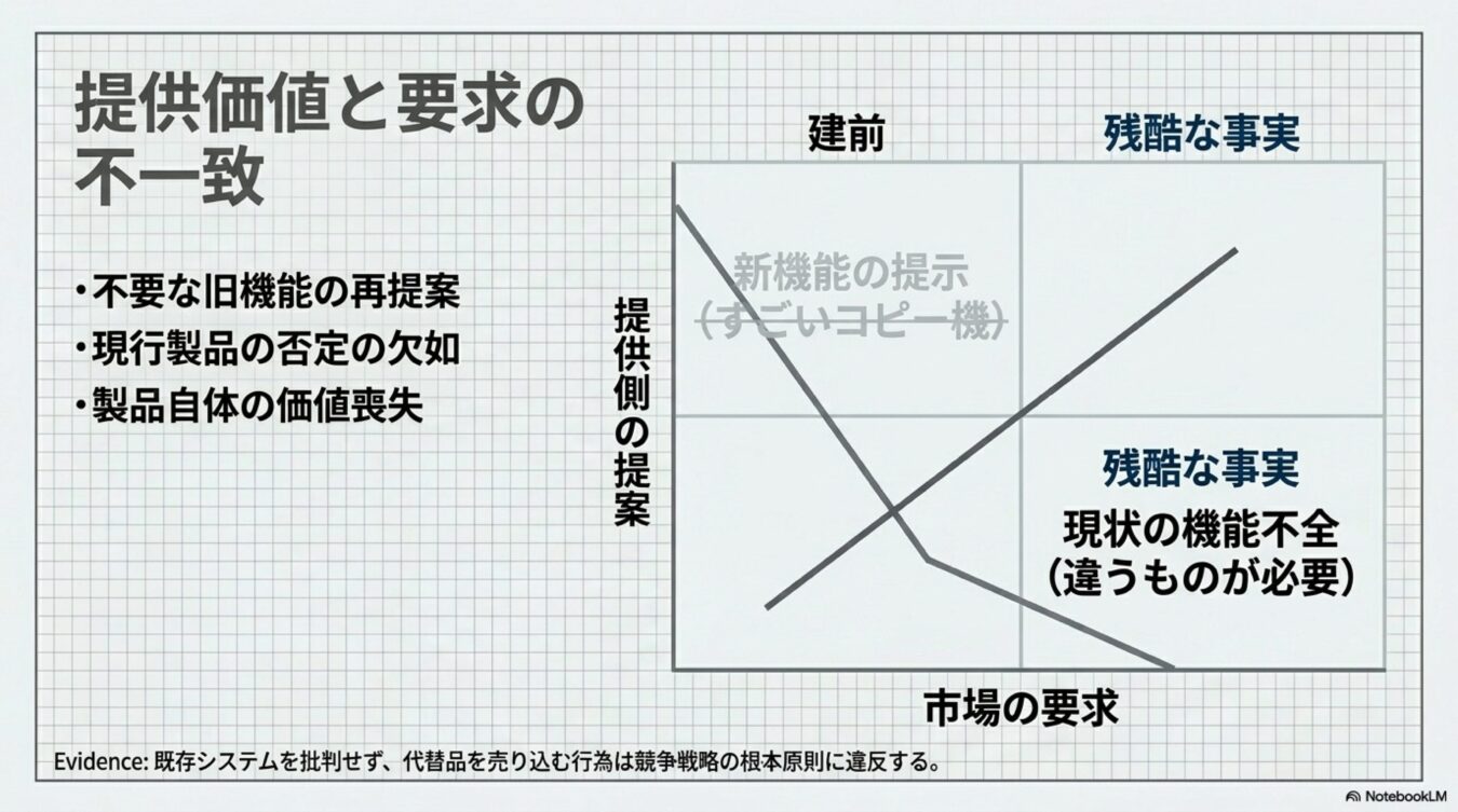 提供側の提案と市場の要求の不一致を示す図。既存システムを否定せずに新機能を提案する矛盾が、市場のニーズと噛み合わない状況をグラフと箇条書きで解説している。