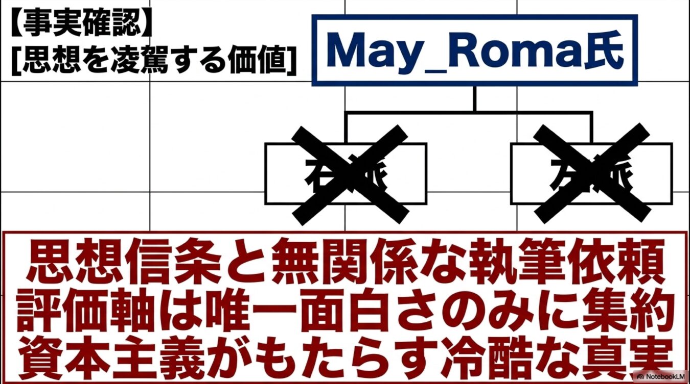 May_Roma氏が思想信条と無関係な執筆依頼を受け、評価軸は面白さのみに集約されるという資本主義の冷酷な真実を説明した図解。