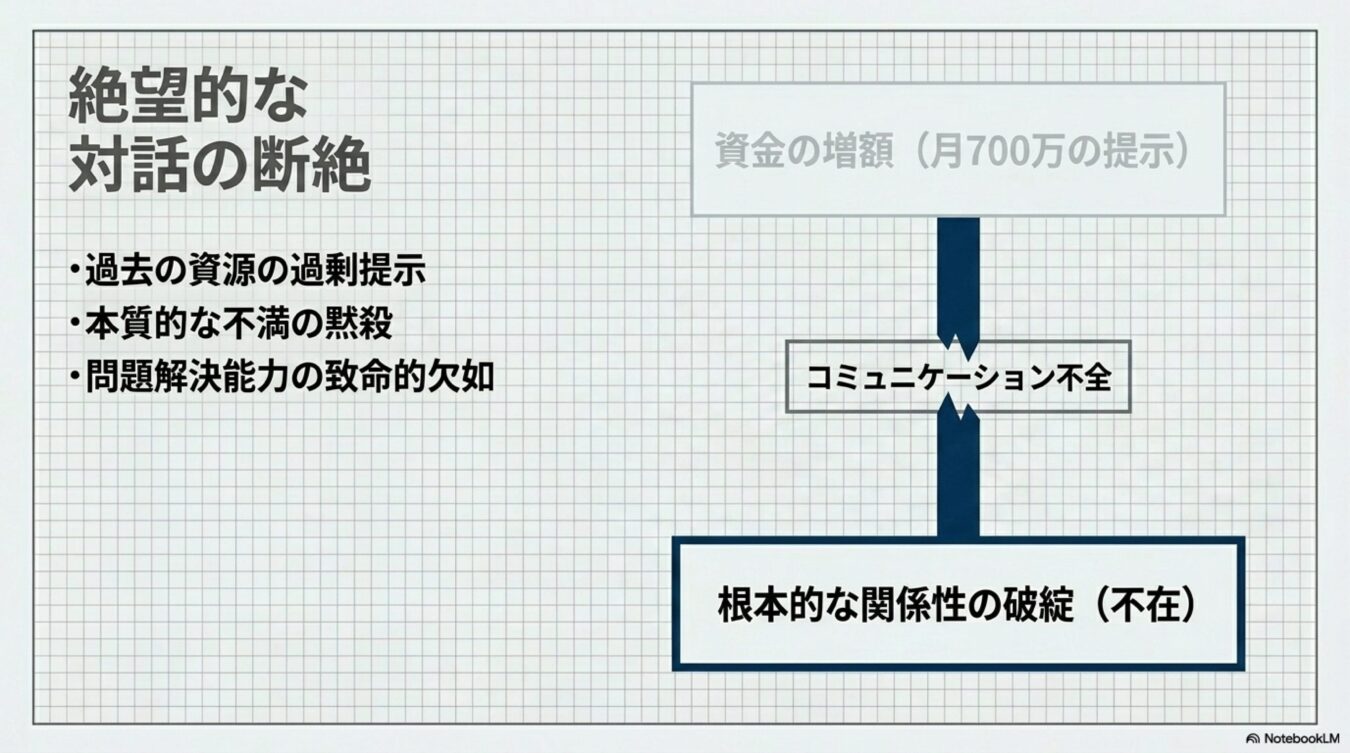 絶望的な対話の断絶を主題とし、資金の増額提示と不満の黙殺によってコミュニケーションが不全となり、関係性が破綻するプロセスを図解したもの。