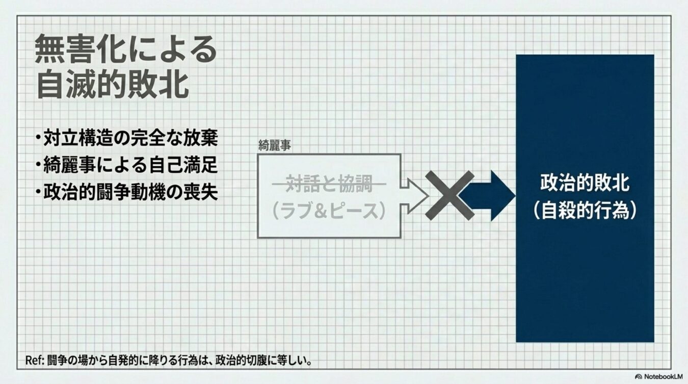 対話と協調といった綺麗な言葉による対立構造の放棄が、政治的な敗北や自殺的行為を招くというプロセスを示した図解。