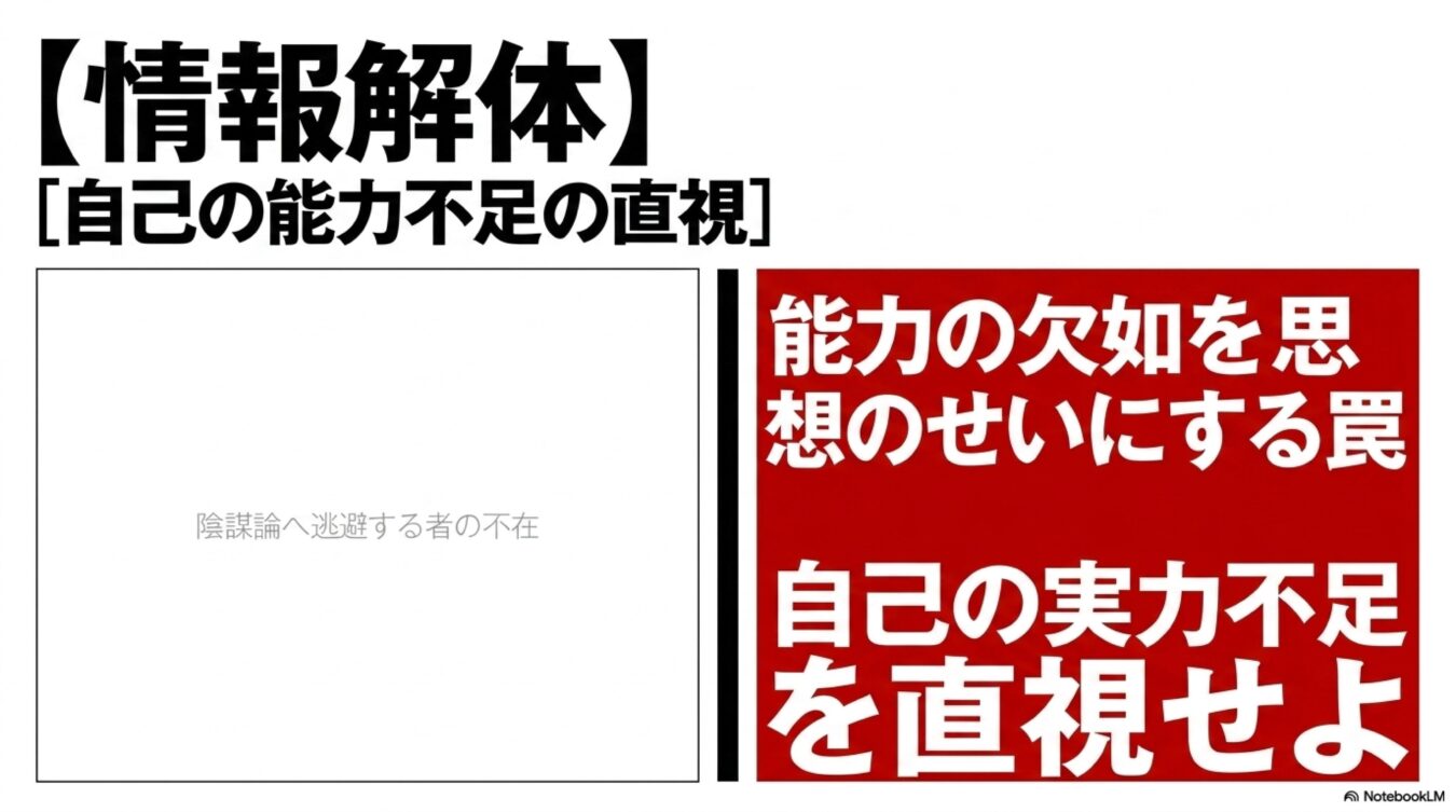 能力の欠如を思想のせいにする罠への警鐘と、自己の実力不足を直視することの重要性を説く啓発的なスライド。