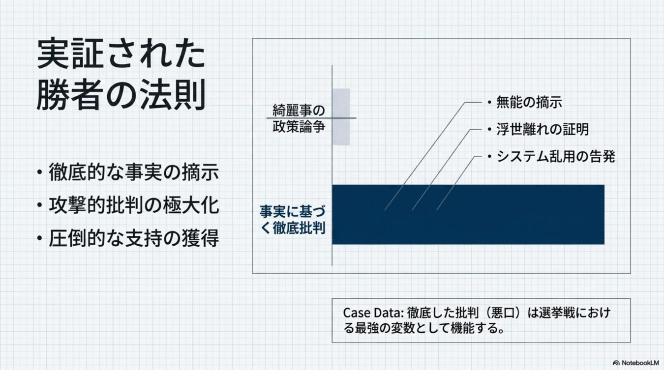 実証された勝者の法則として、綺麗な政策論争よりも事実に基づく徹底批判が支持獲得に有効であることを図解。