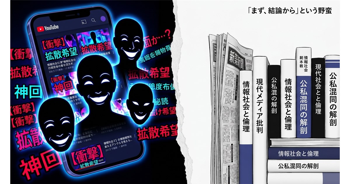 【構図とレイアウト】 画面の左半分：ダークで無機質なデジタルサイバー空間。スマートフォンの画面から YouTube の歪んだ UI が浮かび上がり、不自然に発光する巨大な「人間の顔のシルエット（笑顔や目元が誇張されたノイズの象徴）」が、視聴者を品定めするパネル指名ゲームのように敷き詰められている。 画面の右半分：極めてシンプルで冷徹な白い空間。インクが引き締まった明朝体で書かれた新聞の紙面や学術書の装丁が、デジタル空間のノイズを遮断するように厳然と佇んでいる。中央には破られた紙の境界線があり、二つの世界が激しく衝突している。 【色調とカラーパレット】 左側（生理的ハックの世界）：脳の報酬系を狂わせるような、毒々しいネオンブルー、サイバーパープル、そしてけばけばしいフォントの赤。 右側（公私の峻別の世界）：徹底的に余白を活かしたモノクローム（純白と漆黒）。知性を象徴する僅かなインディゴブルー。 【文字要素（入れる場合）】 「効率の狂気とシャブ言論」 もしくは 「『結論から話せ』という野蛮」 を、右側の白い余白に引き締まったソリッドなフォントで小さく配置（文字で釣るのではなく、構図の冷徹さで魅せる）。 【全体の雰囲気】 現代のデジタルプラットフォームが内包する「幼児的な不気味さ」と、それを高所から冷酷に解剖するプロの言論人の「圧倒的な冷徹さ」が交錯する、スリリングで知的なドラマチックさ。