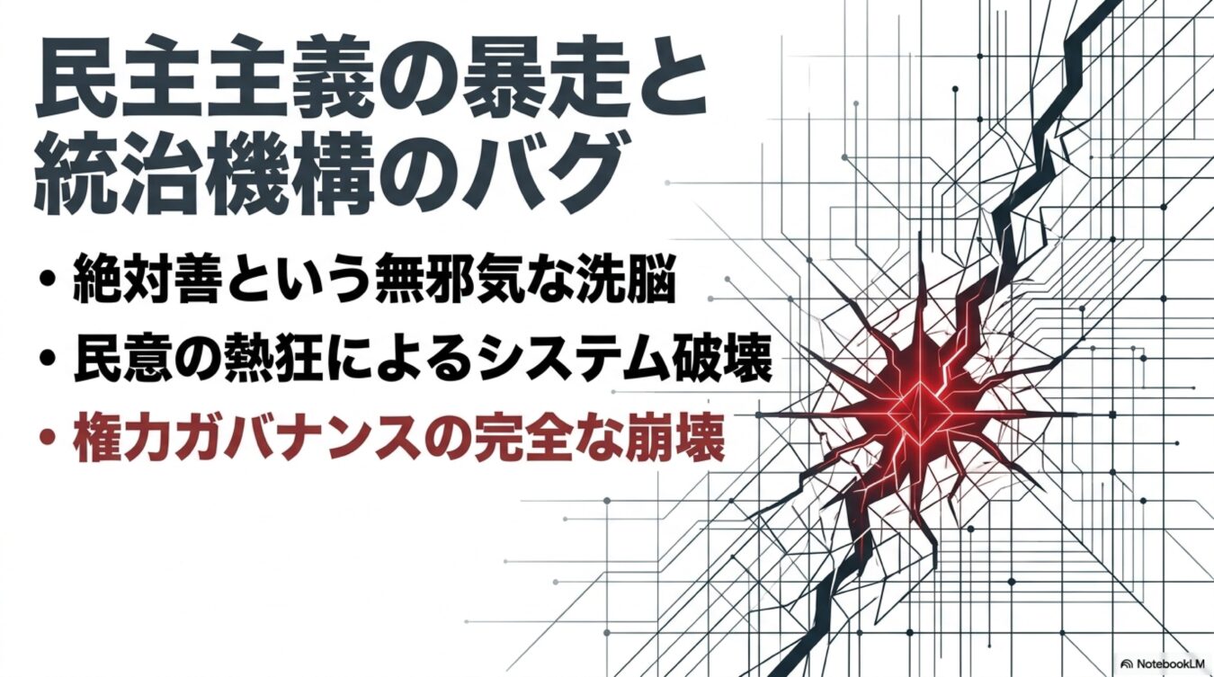 民主主義の暴走と統治機構のバグをテーマに、絶対善の洗脳や民意の熱狂によるシステム破壊と権力ガバナンスの崩壊を解説する図解。