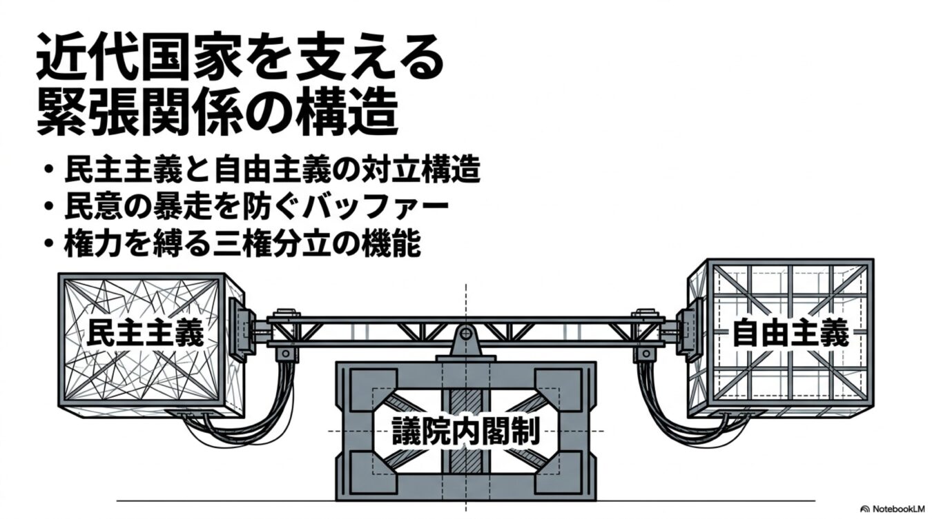 近代国家における民主主義と自由主義の対立構造と、それらを制御し権力を縛る三権分立としての議院内閣制を解説する図解。
