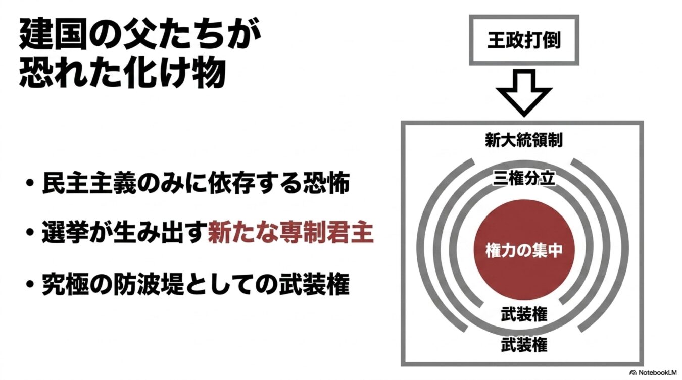 王政打倒後の新大統領制における権力の集中と、民主主義が抱える専制への懸念、そして防波堤としての武装権の重要性を示した概念図。