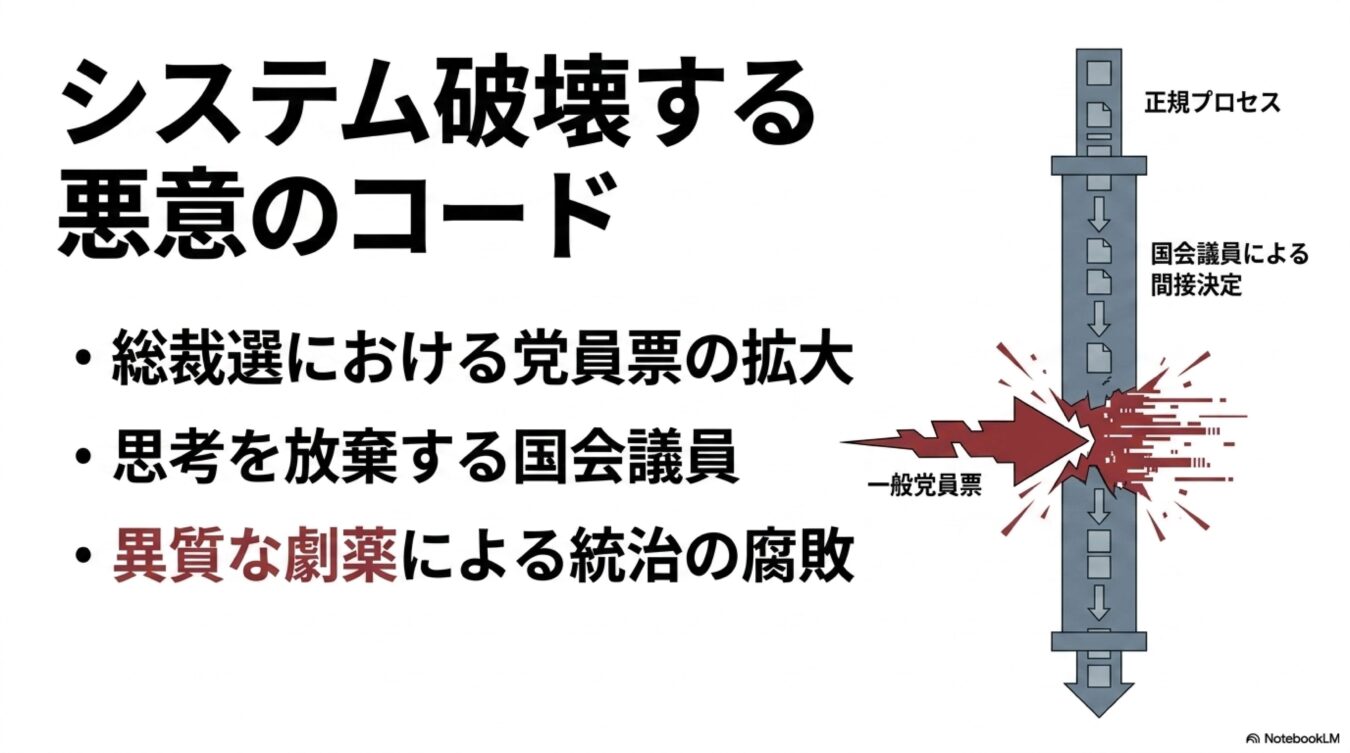システム破壊を例えに、総裁選での党員票拡大や国会議員の思考放棄がもたらす政治プロセスの混乱と統治の腐敗を批判する図解。
