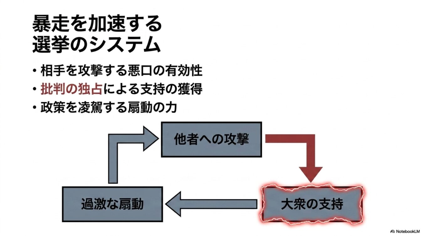 暴走を加速する選挙のシステムと題し、他者への攻撃、大衆の支持、過激な扇動が循環し増幅していく仕組みを図解したもの。
