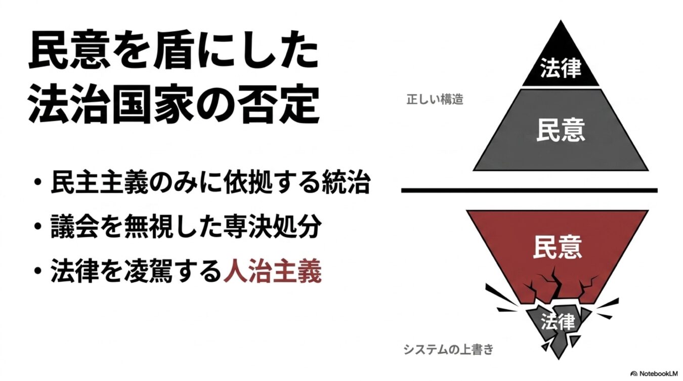 民意を盾にした法治国家の否定をテーマに、法律を民意の下に置く構造の危険性と、正しい統治のあり方を図解で解説している。