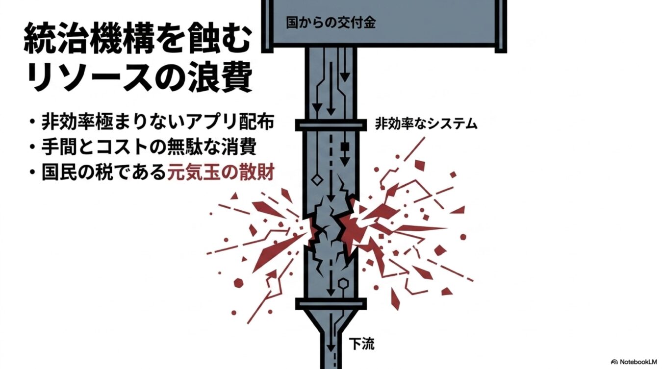 非効率なシステムにより、国からの交付金や税金が浪費される様子を図解した資料。統治機構におけるリソースの無駄を批判的に示している。