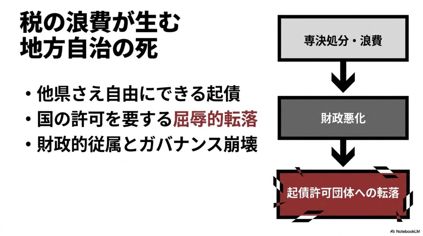 税の浪費が引き起こす地方自治の危機。専決処分による浪費から財政悪化を招き、国の許可が必要な起債許可団体へ転落する負の連鎖とガバナンス崩壊の構造。