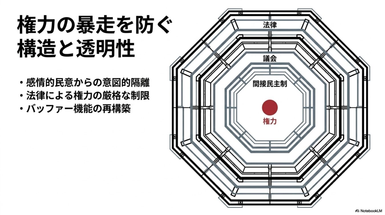 権力の暴走を防ぐため、権力を中心に間接民主制、議会、法律が幾重もの層で囲まれる構造図。隔離と制限による統治の仕組みを示す。