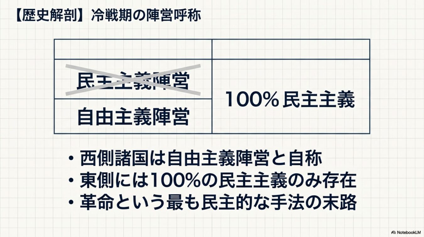 冷戦期の陣営呼称を示した図表。民主主義陣営を打ち消し自由主義陣営と表記し、対比として100%民主主義等の主張を箇条書きでまとめている。