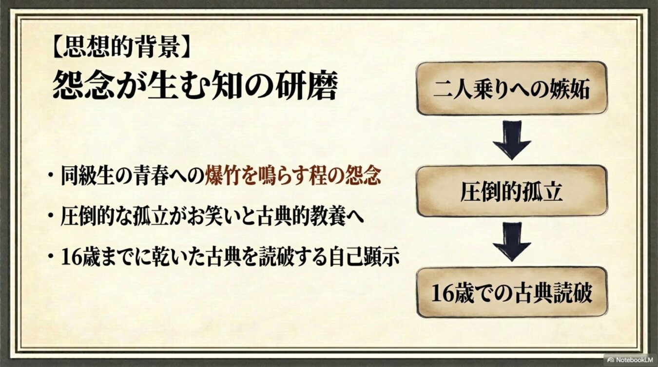思想的背景：怨念が生む知の研磨と題し、二人乗りへの嫉妬から圧倒的孤立を経て、古典読破に至るまでのプロセスを解説する図解。
