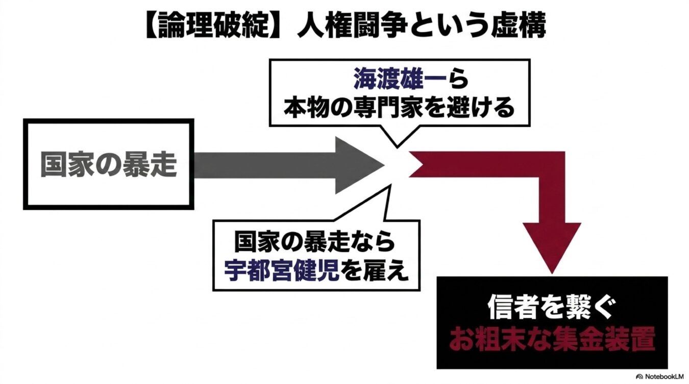 人権闘争という虚構をテーマに、国家の暴走が専門家を避けて信者を繋ぐ集金装置へと転じる論理構造を示した図解。
