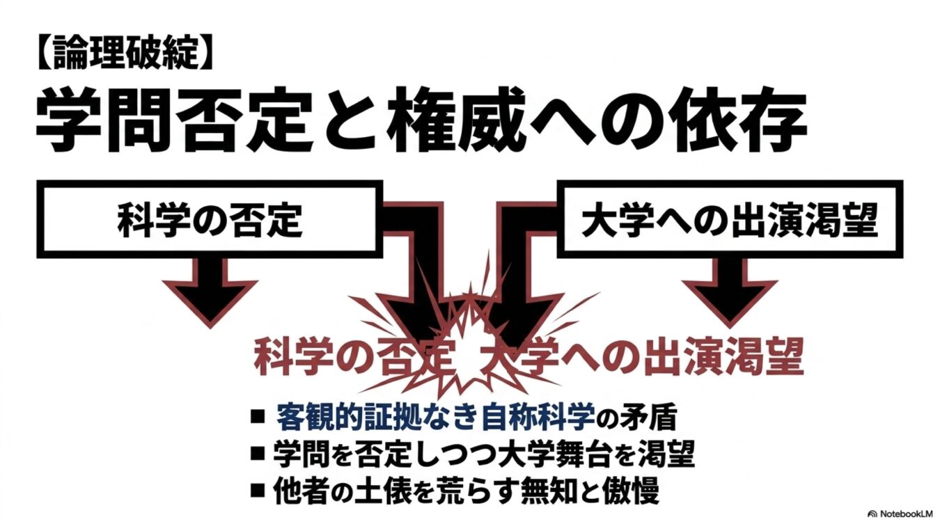 論理破綻：学問否定と権威への依存というタイトルで、科学を否定しながら大学という権威を求める姿勢の矛盾や、その無知と傲慢さを批判的に解説した図解。