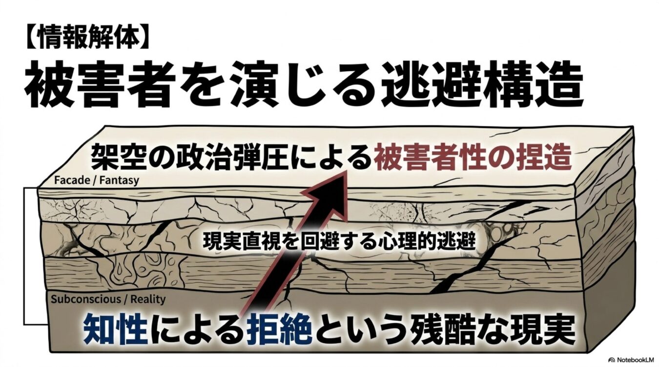 被害者を演じる逃避構造と題し、心理的な現実逃避が架空の被害者性を捏造し、知性による拒絶という現実から目を背けるメカニズムを地層の図解で説明する解説画像。