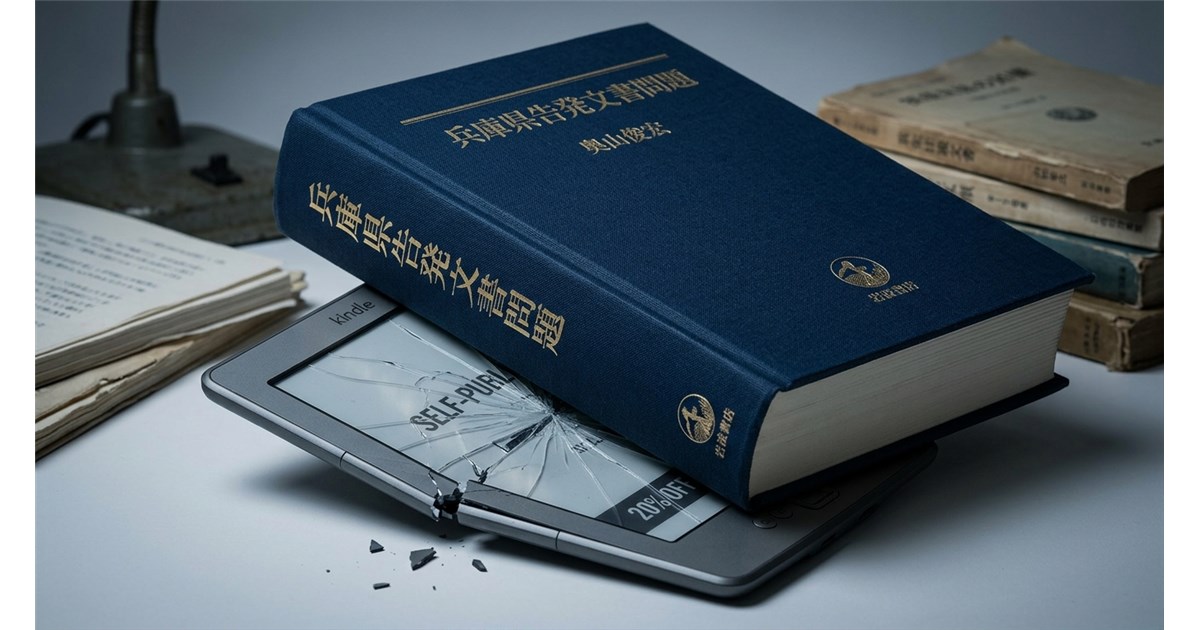知的強者の暴力: 画面中央に、岩波書店の最高峰の権威を象徴する、重厚で高級感のある布張りのハードカバー（深いネイビーまたは黒）が配置される。表紙には日本語でタイトル「兵庫県告発文書問題」と著者名「奥山俊宏」、そして岩波書店のロゴがゴールドで刻印されている。 弱者の粉砕: その本の圧倒的な重みで、下にある安っぽく、グレーのプラスチック製のKindle電子書籍リーダーが完全に冷酷に押しつぶされ、ひび割れている。 痛々しい詳細: Kindleの割れた画面には、ひび割れの合間に「SELF-PUBLISHED」「20% OFF」という英語のテキストが読めるように配置され、共感性羞恥を煽る痛々しさを表現。