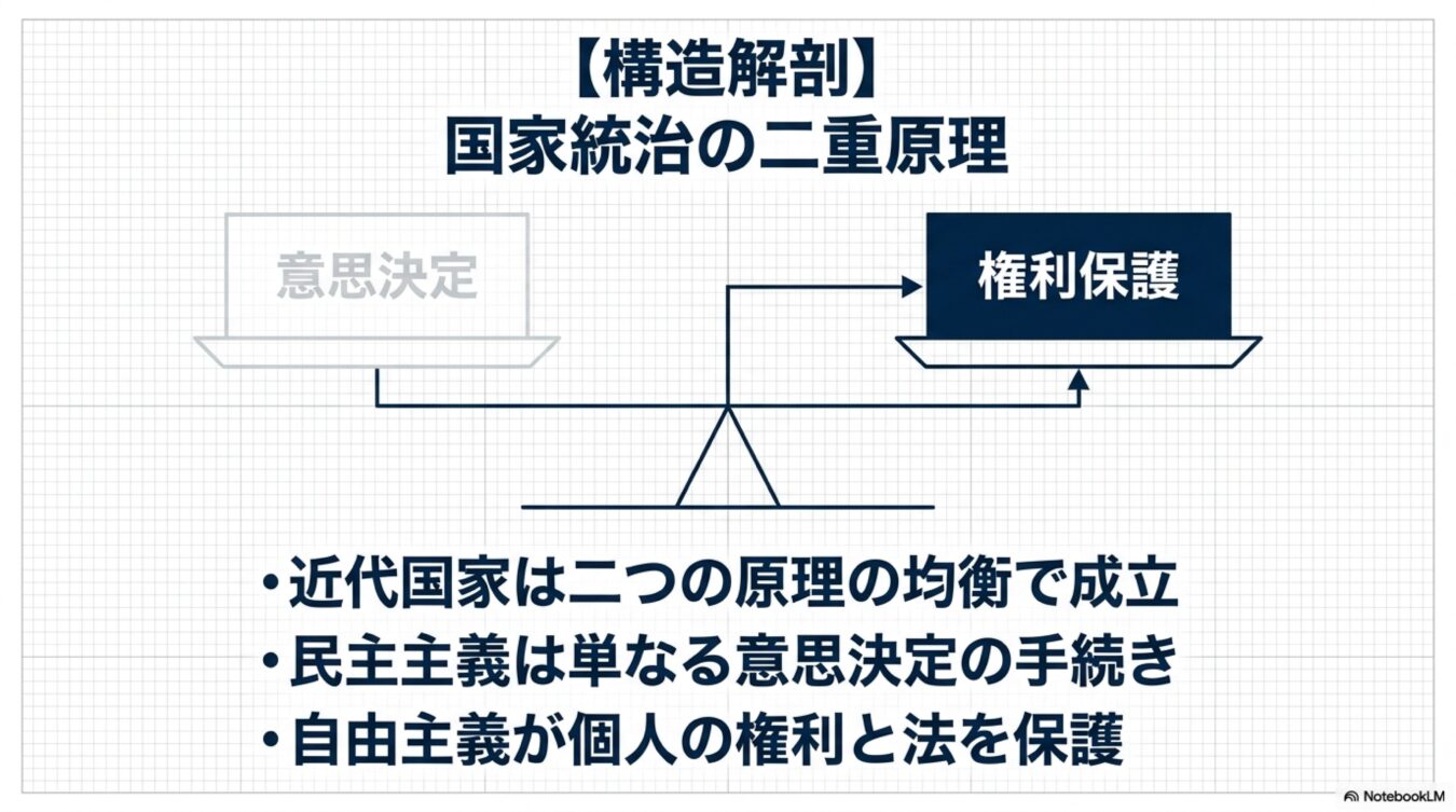 国家統治の二重原理である意思決定と権利保護が天秤で均衡を保つ構造図。民主主義と自由主義の役割を対比し解説している。