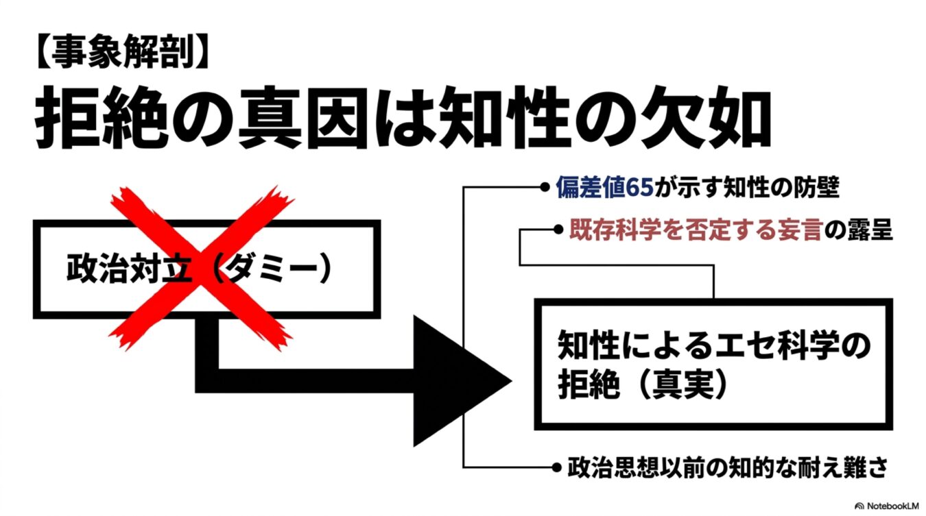 拒絶の真因は知性の欠如であるとし、政治対立をダミーと位置づけ、真実を知性によるエセ科学の拒絶と解釈する図解。