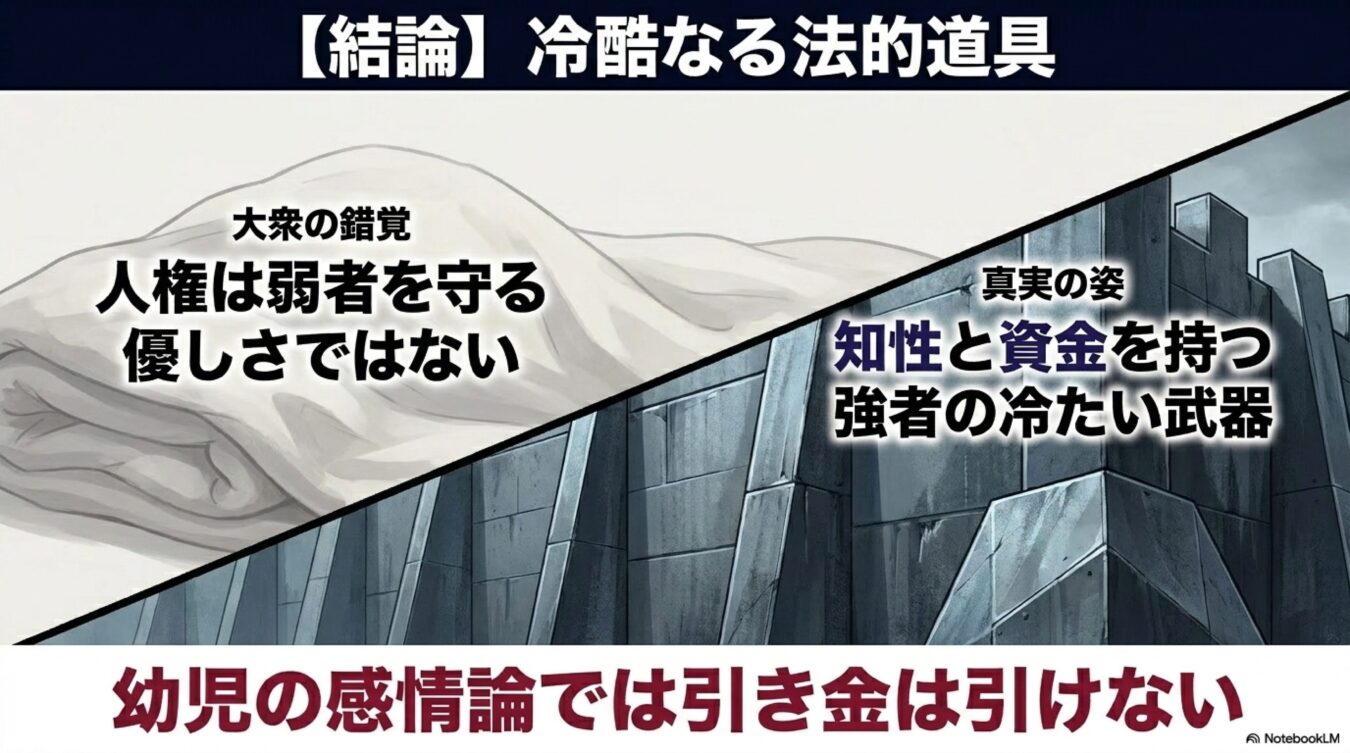 人権を弱者を守る優しさと誤認せず、強者の冷たい武器と捉えるべきという主張を対比的に示した図解。