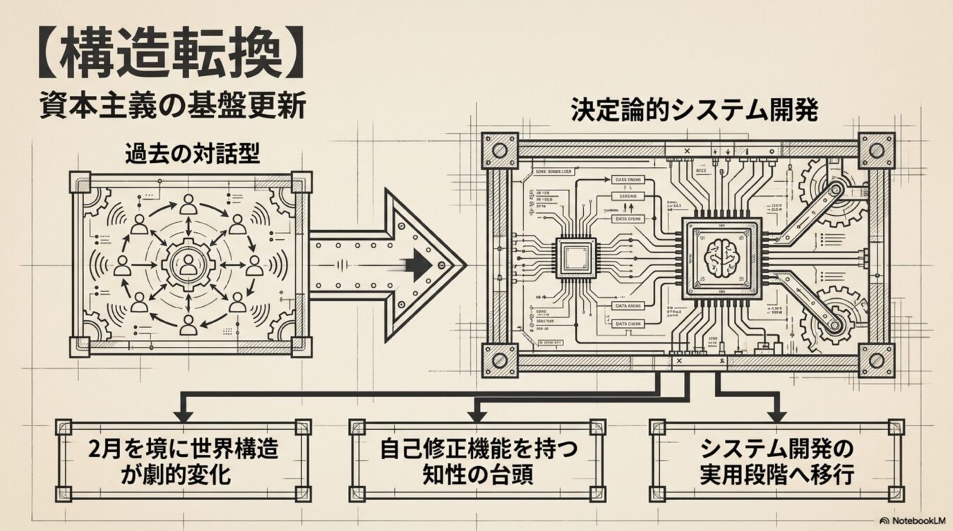 資本主義の基盤が対話型から決定論的なシステム開発へと構造転換し、自己修正機能を持つ知性の台頭と実用化に至る変化を示した概念図。
