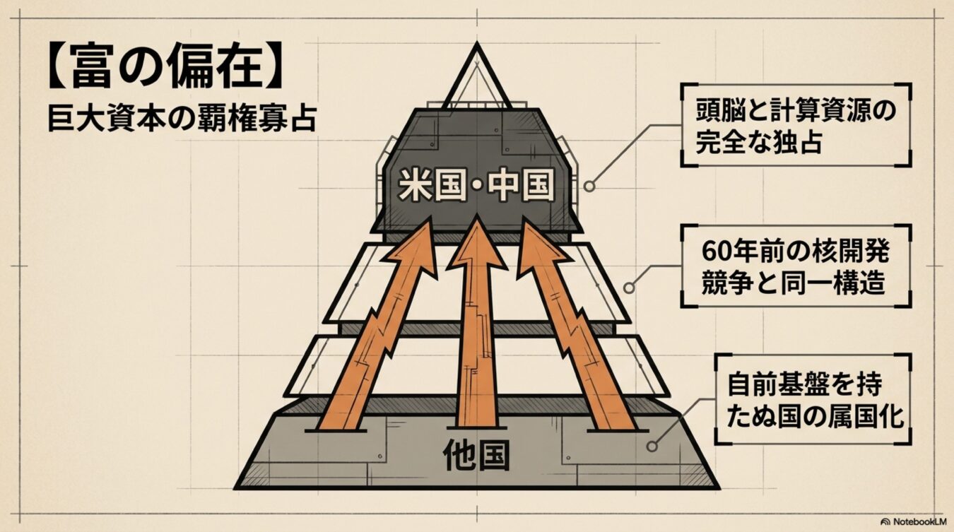 富の偏在と巨大資本の覇権を象徴する図。米国・中国が頭脳と計算資源を独占し、他国が属国化していく核開発競争に似た構造を示している。