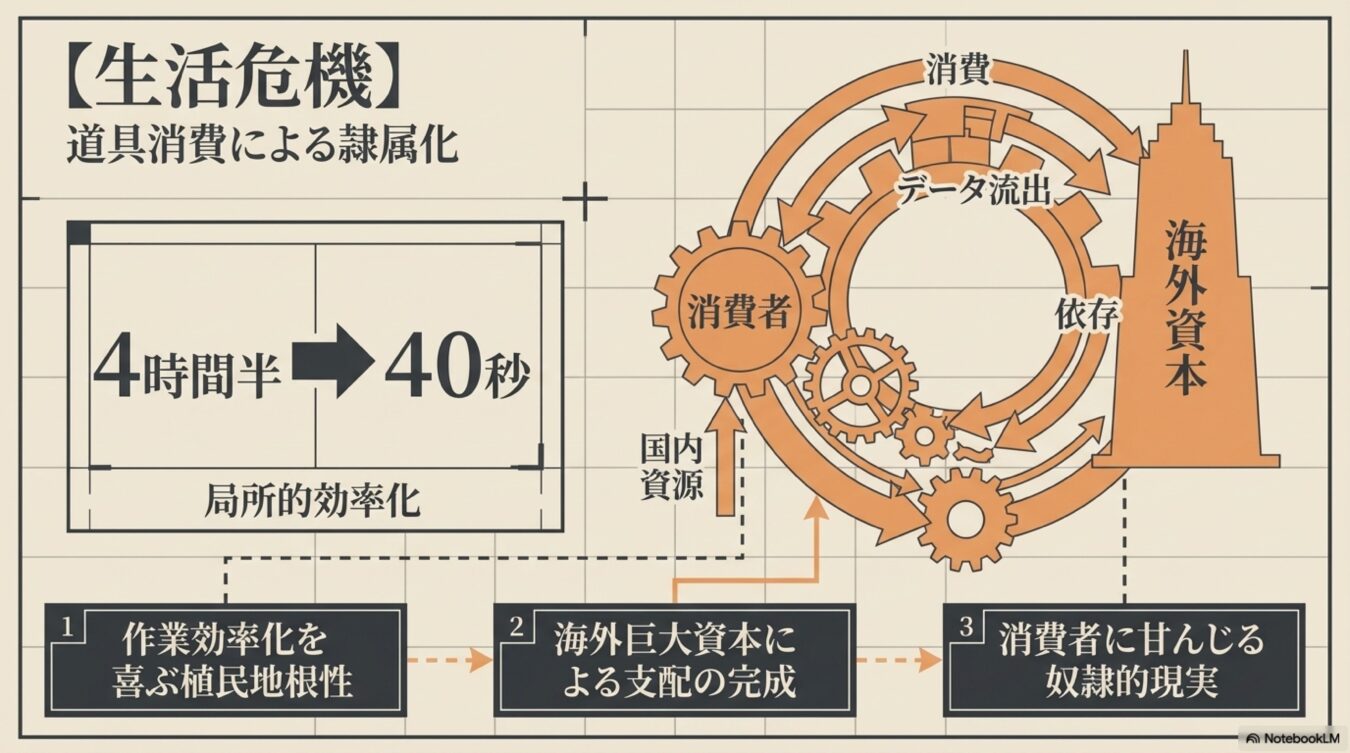 道具の消費による効率化が、データ流出や海外資本への依存を招き、消費者が支配される構造を示す図解。作業効率化から奴隷的現実へのプロセスを図示しています。