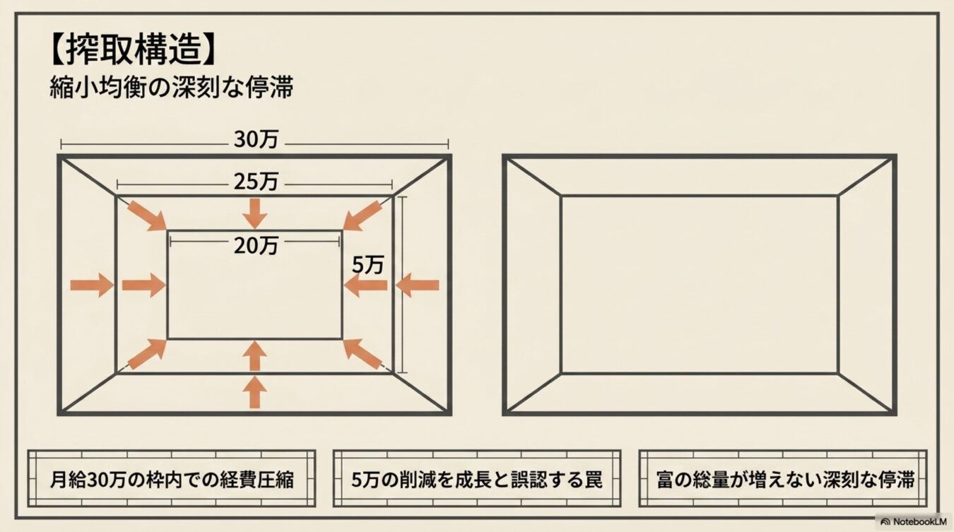 搾取構造と縮小均衡の図解。月給30万の枠内で経費を5万削減し、それを成長と誤認することで、富の総量が増えない深刻な停滞に陥るメカニズムを示している。