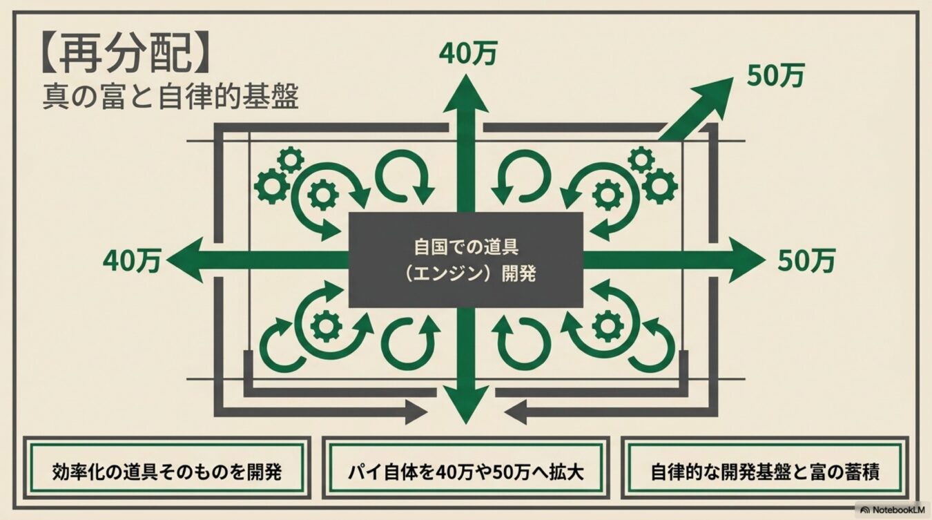 自国での道具（エンジン）開発により効率化を図り、40万から50万へとパイを拡大させ、自律的な開発基盤と富の蓄積を実現する再分配モデルの図解。