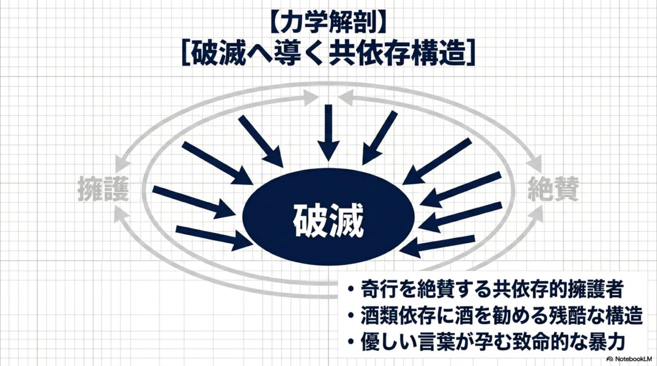 擁護と絶賛が破滅を招く共依存構造を図解。奇行の擁護や依存を助長する優しい言葉が、いかに致命的な暴力を生むかを示す力学モデル。