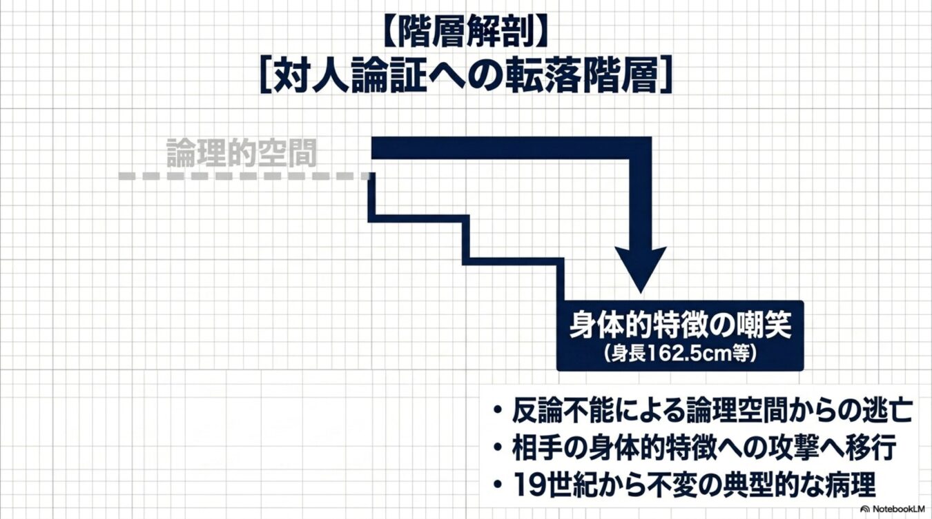 論理的空間から身体的特徴の嘲笑へ転落する過程を図解したもの。反論不能な際に相手の人格攻撃へ移行する典型的な病理を示している。