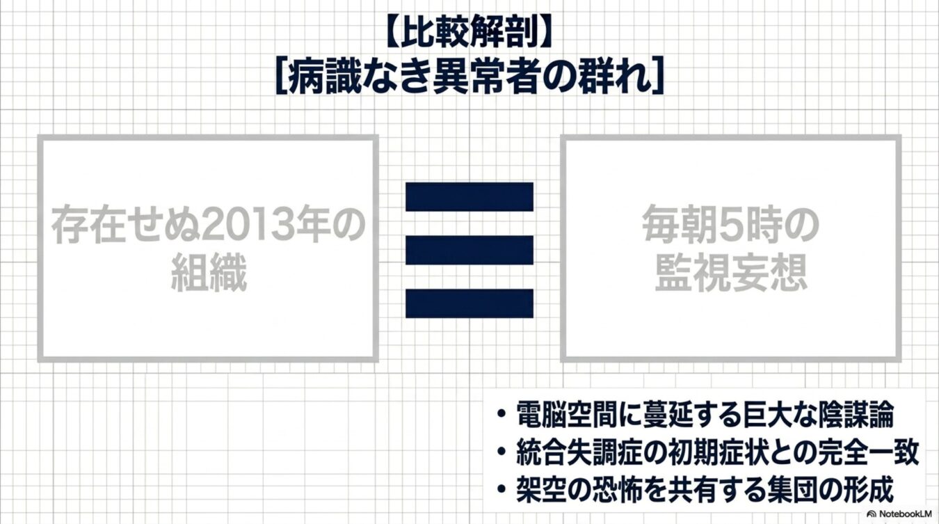 存在せぬ2013年の組織と毎朝5時の監視妄想を比較し、陰謀論と統合失調症の初期症状の類似点や架空の恐怖を共有する集団の形成について解説する図。