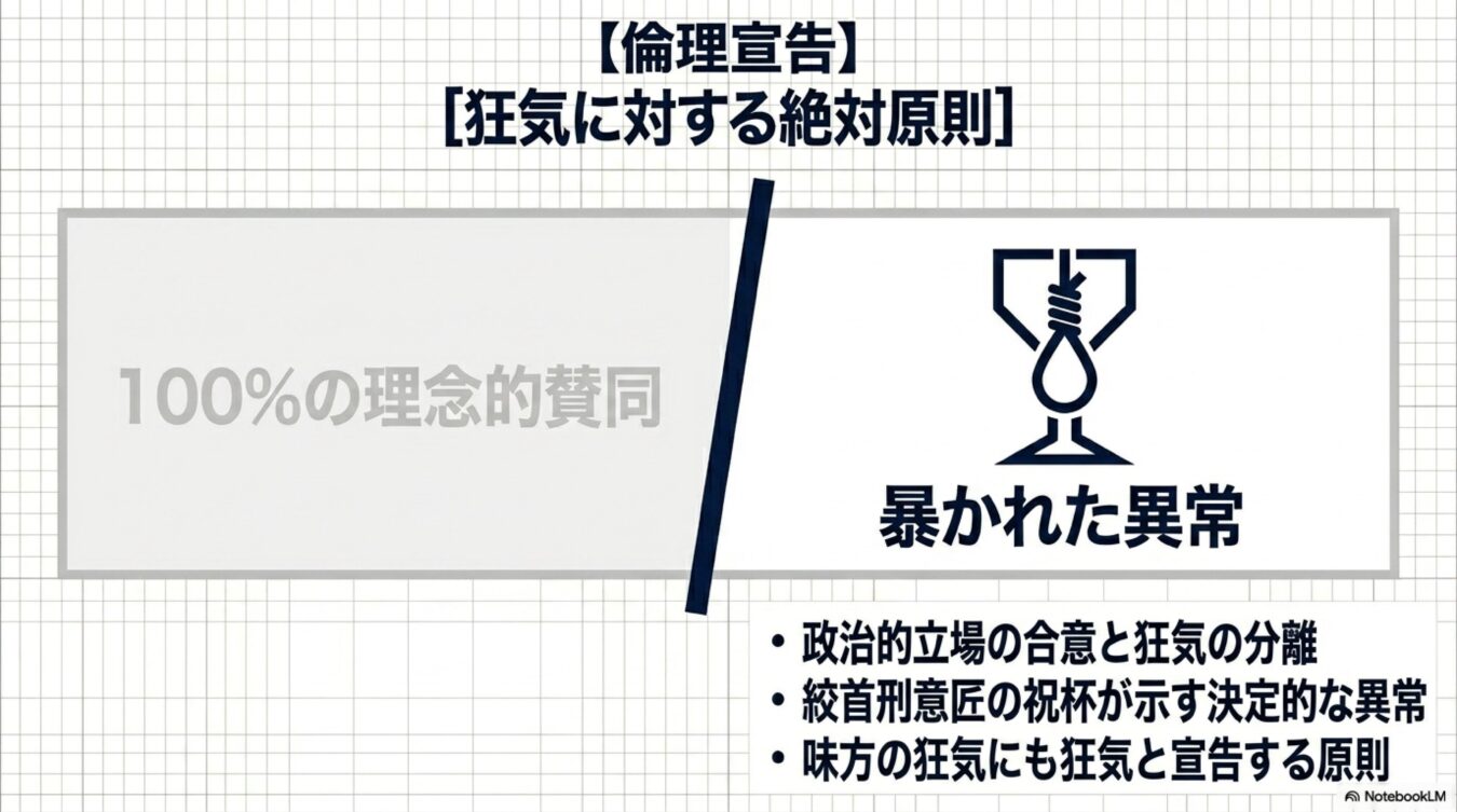 倫理宣言:狂気に対する絶対原則と題し、100%の理念的賛同と、絞首刑の輪を象った祝杯のアイコンによる暴かれた異常を対比させ、狂気を排除する原則を箇条書きで示している。