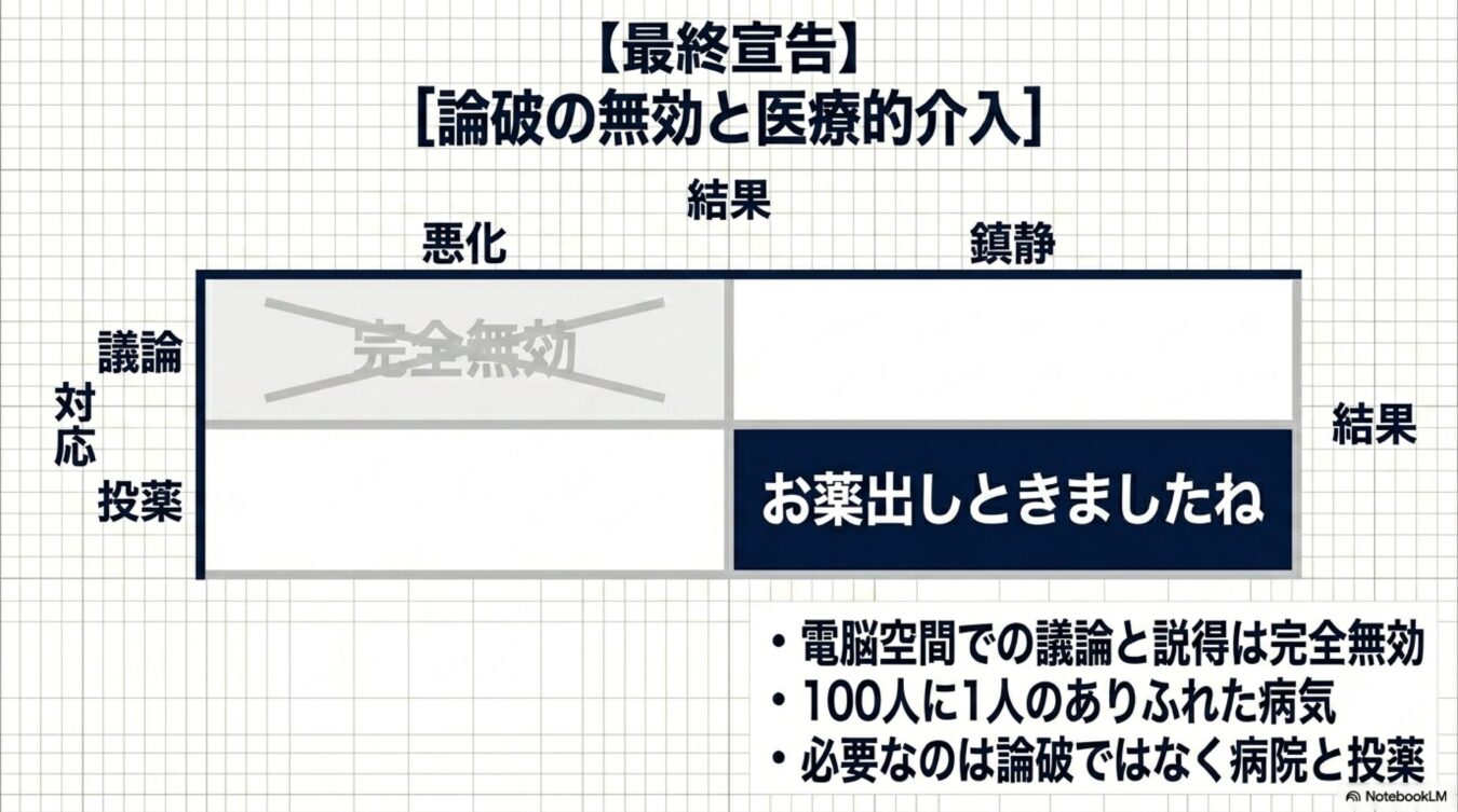 議論と投薬を軸に、悪化と鎮静の結果をマトリクスで示し、電脳空間での論破よりも医療的介入の重要性を説いた図解。