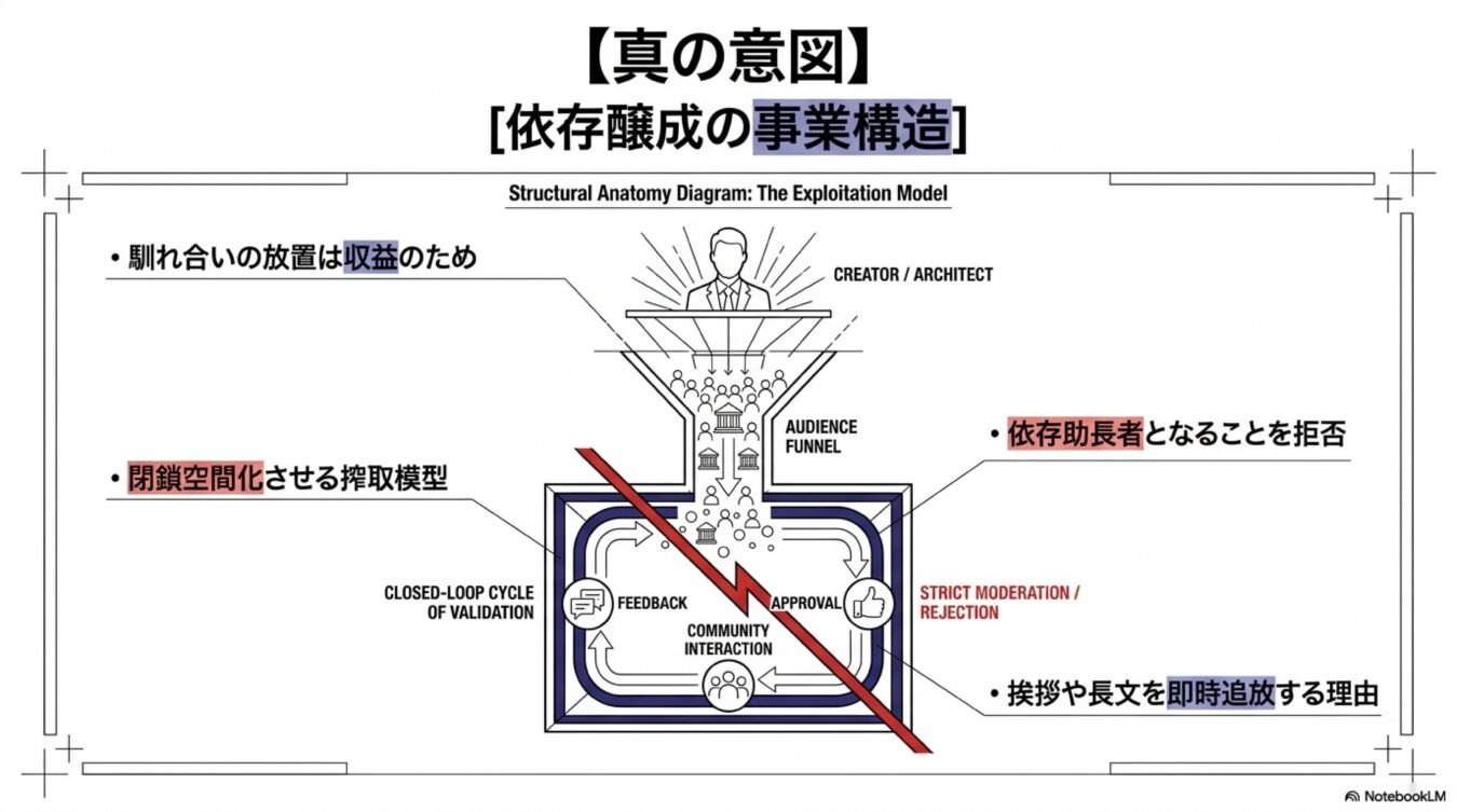 依存醸成の事業構造を示す図解。運営者がファンネルを用いてコミュニティを閉鎖空間化し、搾取を行う仕組みと、その管理手法を解説しています。(58文字)