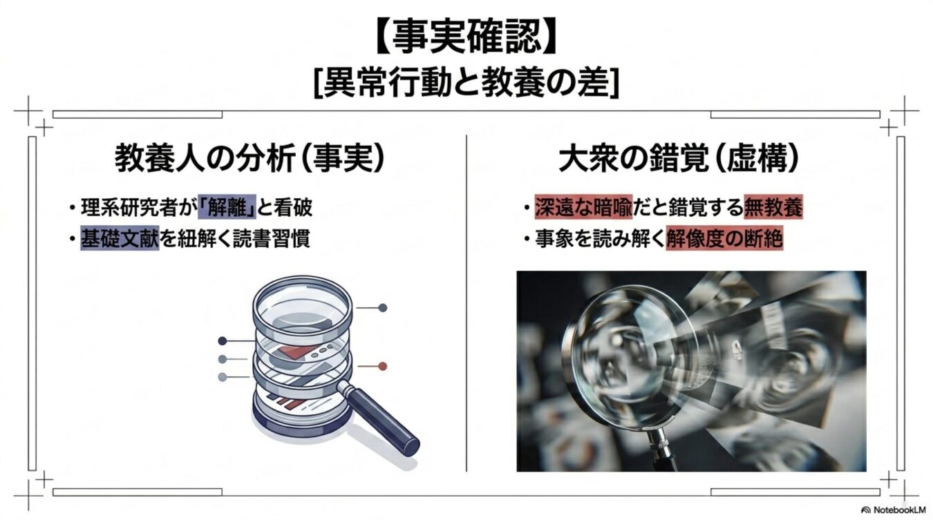 異常行動と教養の差を比較した図解。理系的な分析による事実と、無教養による大衆の錯覚(虚構)という二項対立を示している。